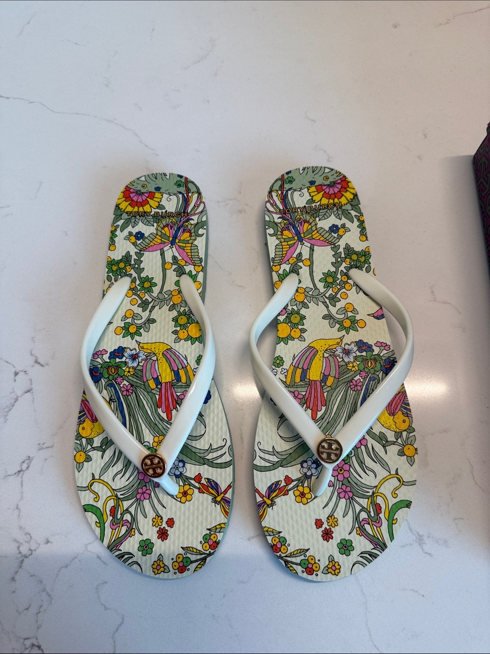 Tory Burch White Floral & Tropical Print Flip Flops